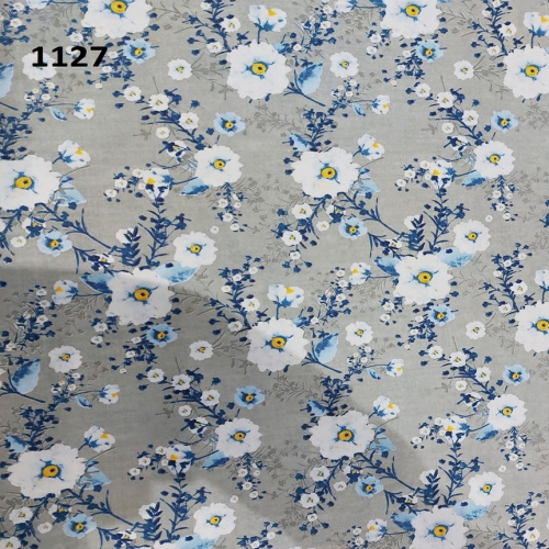 Pościel bawełniana z płótna 160  biało niebieskie kwiatki na szarym 1127